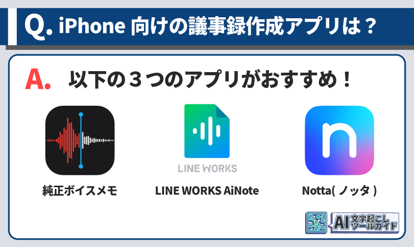 iPhoneにおすすめな議事録作成アプリ3選（純正ボイスメモ・LINE WORKS AiNote・Notta）