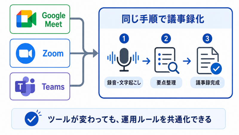 AIで議事録を作成する際のポイントは、同じ手順で議事録化すること。
ツールが変わっても、運用ルールを共通化できる。