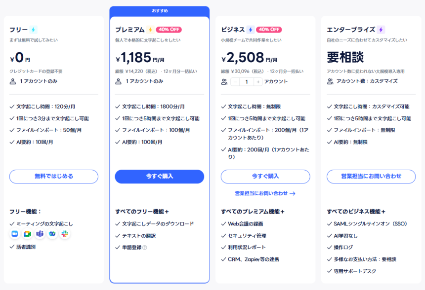 Nottaの全プランの料金一覧画像(フリー・プレミアム・ビジネス・エンタープライズの4種類)