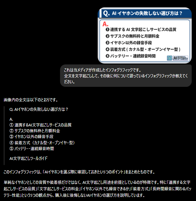 ChatGPTで画像内の文字起こしを実践させたスクリーンショット