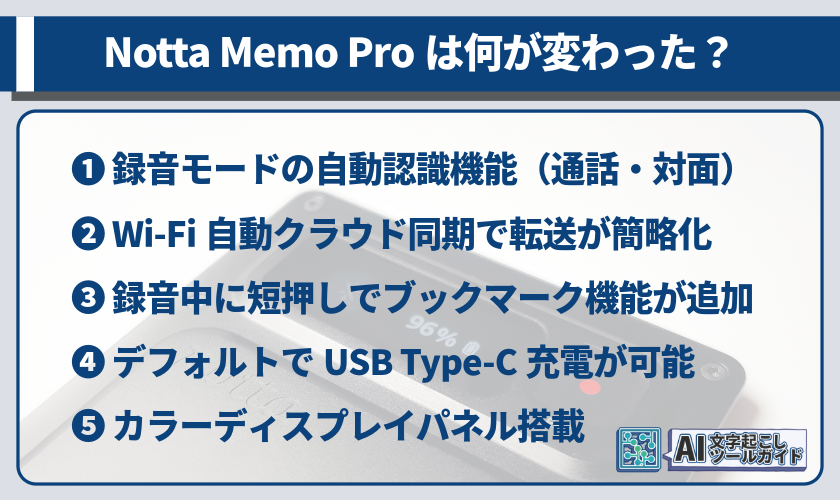 Notta Memo Proの変更点一覧紹介画像。❶ 録音モードの自動認識機能（通話・対面）
❷ Wi-Fi自動クラウド同期で転送が簡略化
❸ 録音中に短押しでブックマーク機能が追加
❹ デフォルトでUSB Type-C充電が可能
❺ カラーディスプレイパネル搭載